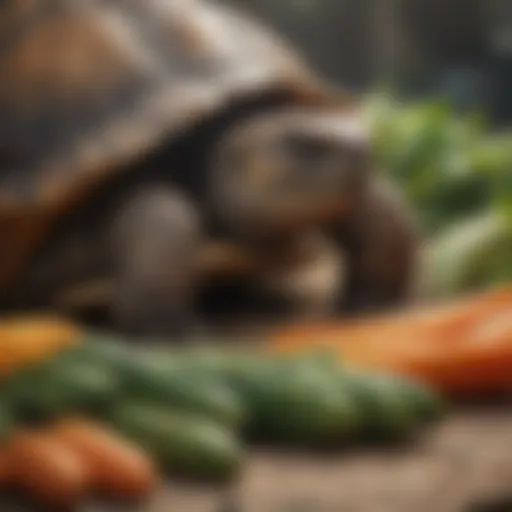 Tortoise enjoying a variety of fresh vegetables