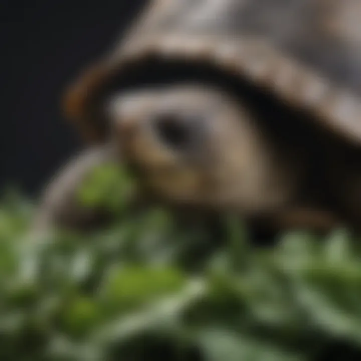 Close-up of a tortoise eating leafy greens