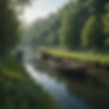 Lush greenery surrounding a river with fishing boats