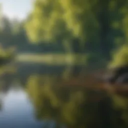 Spring water reflection of trees and fishing rod