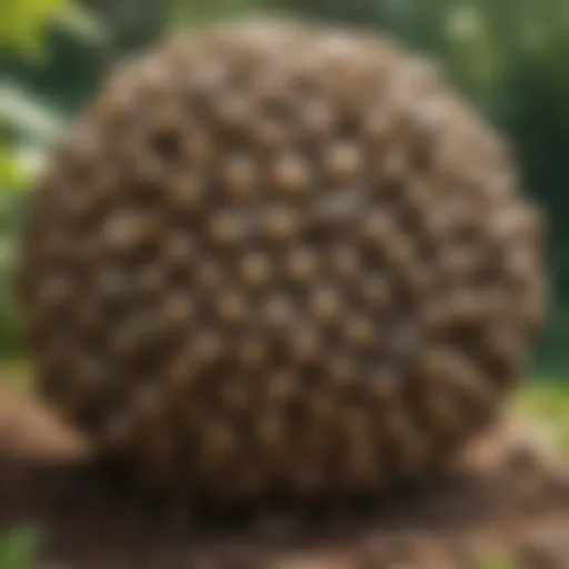 Close-up of a wasp nest in a garden