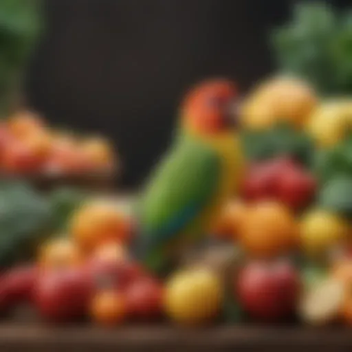 Lovebird perched on a variety of fresh fruits and vegetables