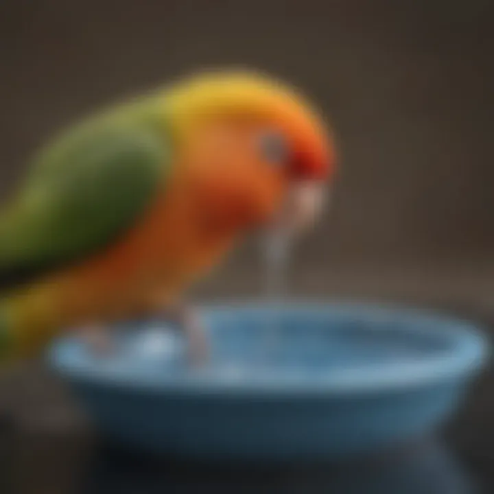 Lovebird drinking from a small water dish