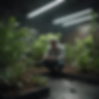 Scientific Study on Fluorescent Light and Plant Productivity Scientist conducting research on plant growth with fluorescent lights
