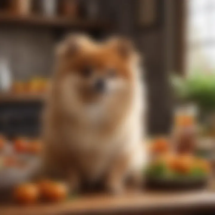 Pomeranian surrounded by variety of wholesome food