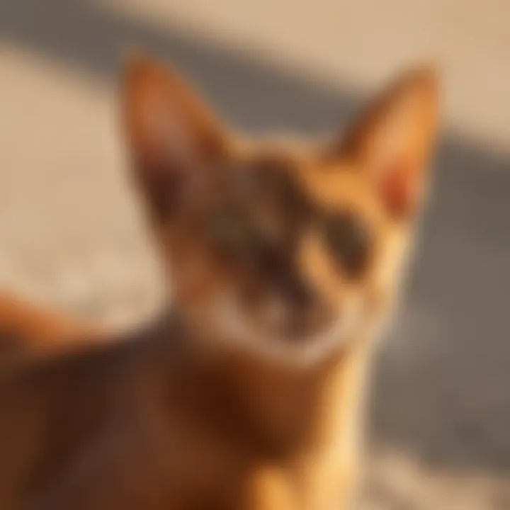 Sleek orange Abyssinian cat basking in the sun