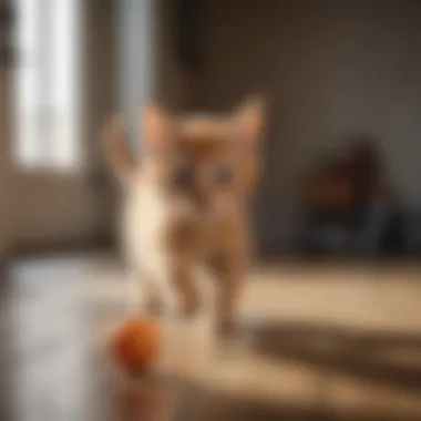 Playful orange Tabby kitten chasing a toy