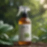 Organic flea and bug spray bottle with green leaves background