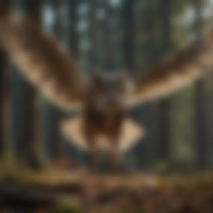 Owl swooping down with wings spread wide