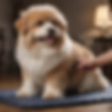 An owner grooming a fluffy dog with a mat brush, illustrating the grooming process