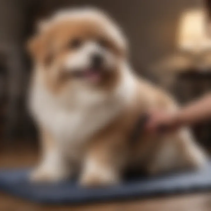 An owner grooming a fluffy dog with a mat brush, illustrating the grooming process