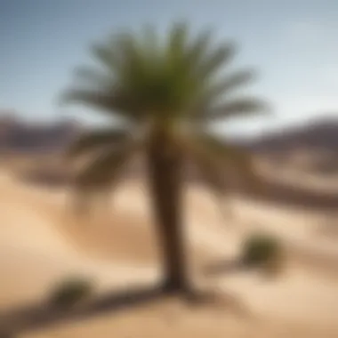 Survival in the Sands: Resilient Desert Palms A desert palm standing tall against a backdrop of dunes