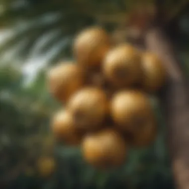 Treasures in the Tropics: Golden Coconuts A cluster of golden coconuts hanging from a palm tree
