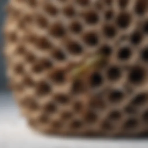 Close-up view of a paper wasp nest in winter, showcasing its unique structure and texture.