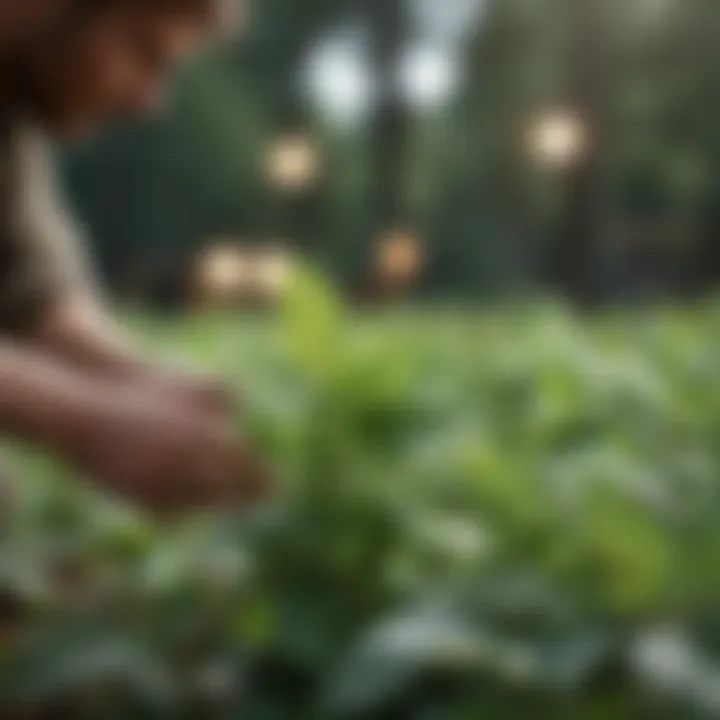 Close-up of peppermint leaves being harvested for oil extraction