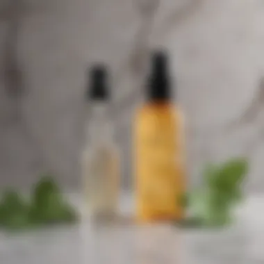 Refreshing peppermint oil spray bottle on a marble background