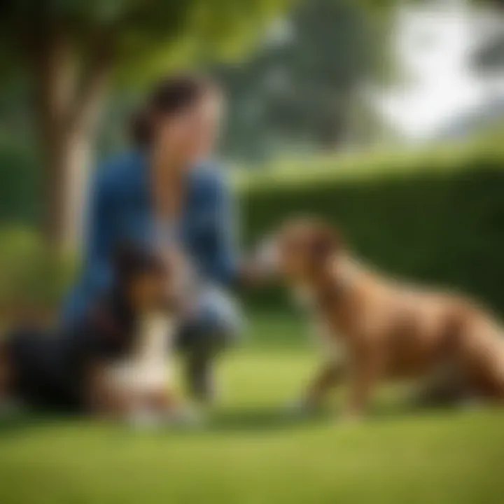 Pet owner bonding with dog in astroturf dog park