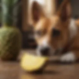 A dog curiously examining a slice of pineapple