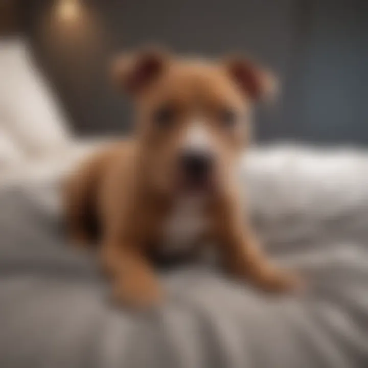 Pitbull puppy playing happily in a hypoallergenic bed