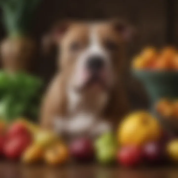 Pitbull with a variety of fresh fruits and vegetables