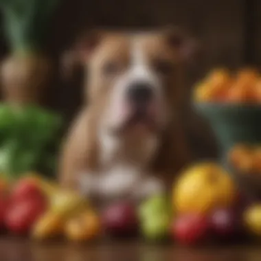 Nutrient-Rich Fruits and Vegetables for Pitbulls Pitbull with a variety of fresh fruits and vegetables