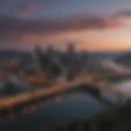 Aerial view of Pittsburgh skyline at dusk