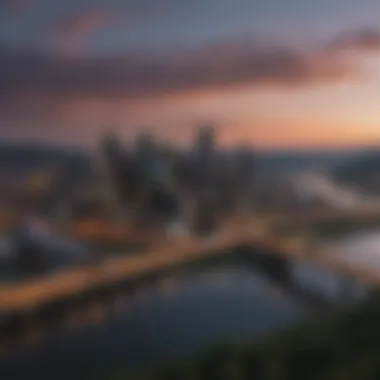 Aerial view of Pittsburgh skyline at dusk