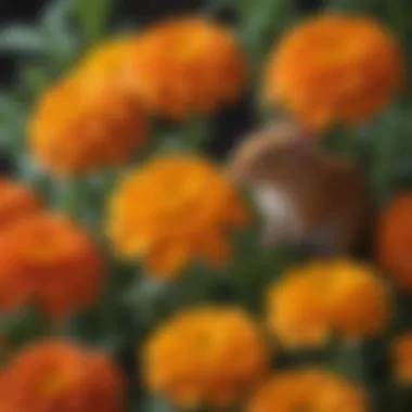 A close-up of marigolds, showcasing their bright colors and unique texture, effective against rodents.