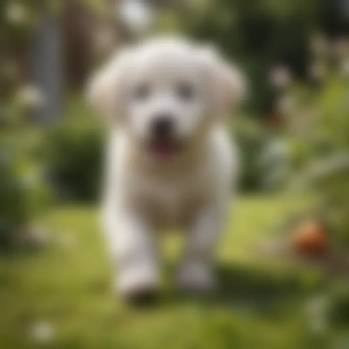 White Golden Retriever Puppy enjoying a playful moment in the garden