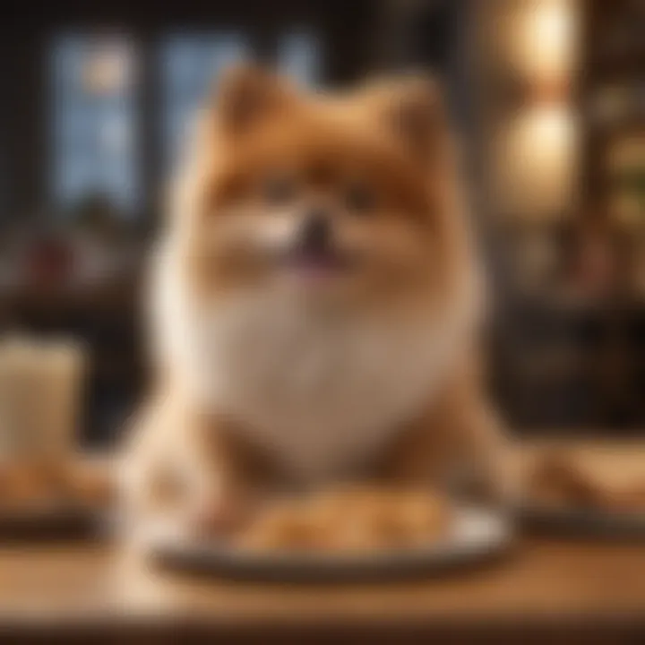 Pomeranian happily eating from a specially prepared meal