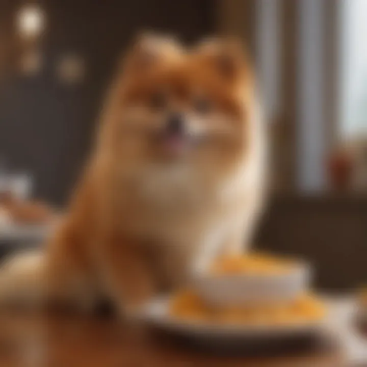 Pomeranian sitting next to a bowl of untouched food
