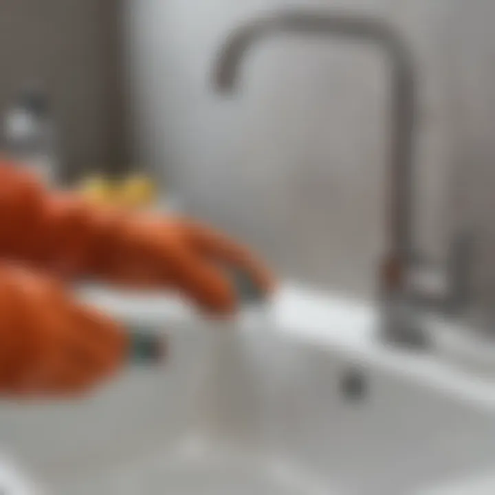Gloved hand pouring homemade drain cleaner down sink
