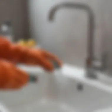 Using Homemade Drain Cleaner Gloved hand pouring homemade drain cleaner down sink
