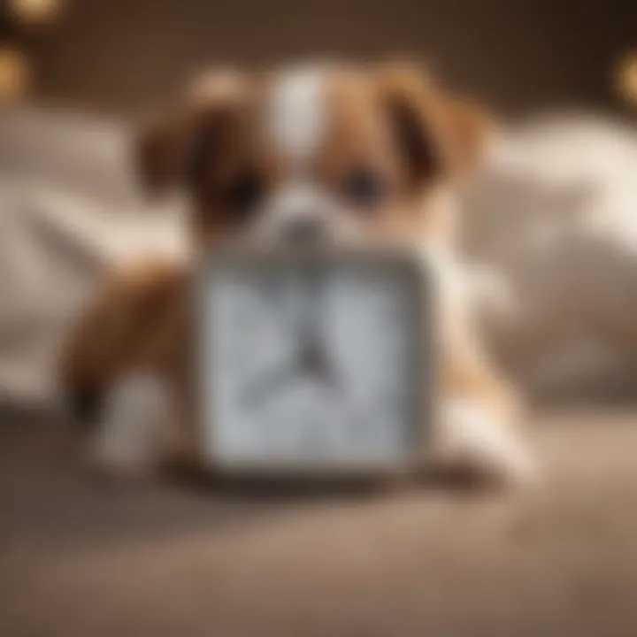 Puppy with a clock indicating bedtime