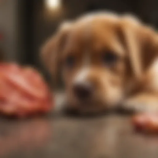 Adorable puppy looking curiously at a piece of bacon