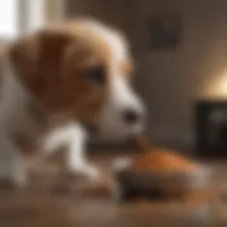 Puppy exploring a bowl of dog food