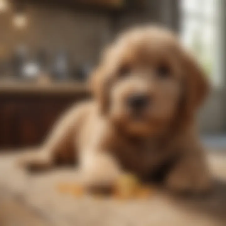 Goldendoodle puppy playing after meal