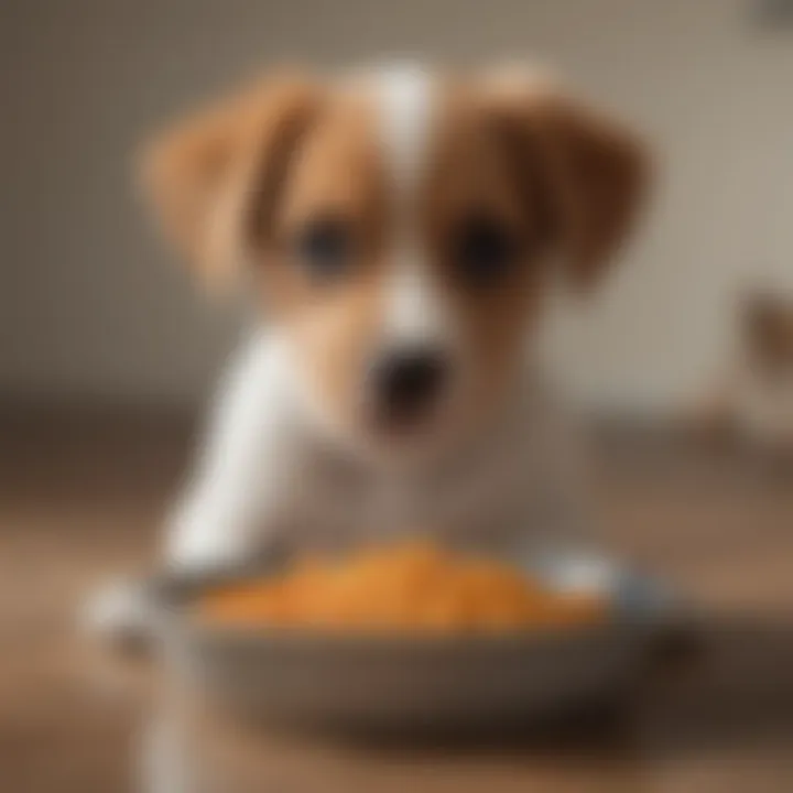 Puppy playing with food bowl