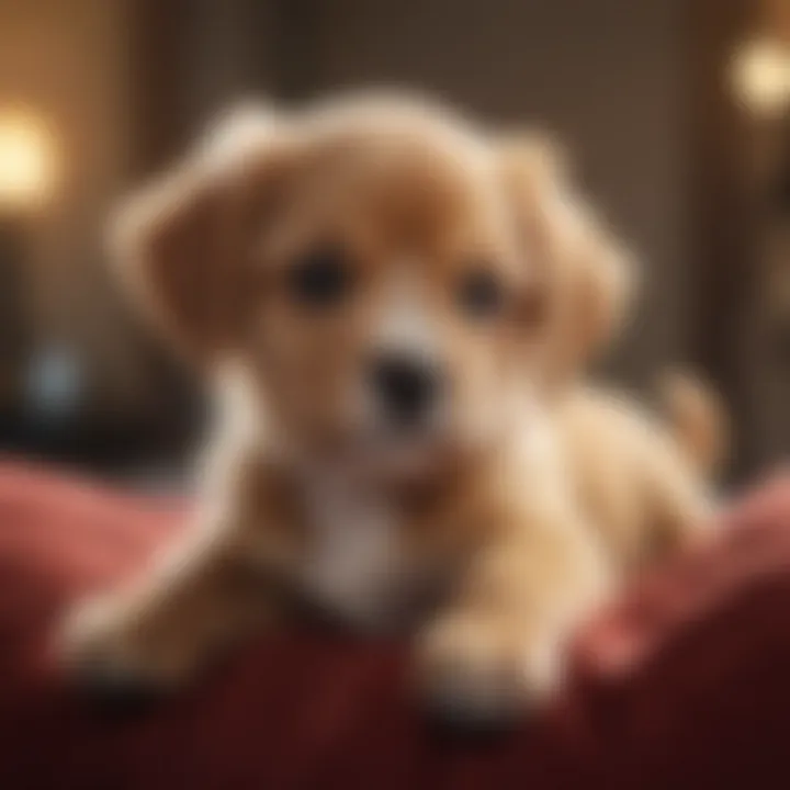 Puppy sitting on a velvet cushion