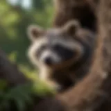 Curious raccoon peeking out of a hole