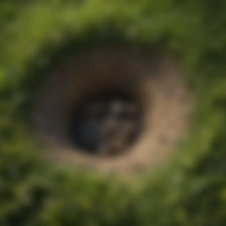 Raccoon paw prints surrounding a hole in the lawn