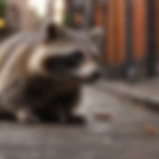 Raccoon in urban setting observing surroundings