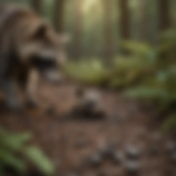 Close-up of a raccoon's pellet poop on forest floor