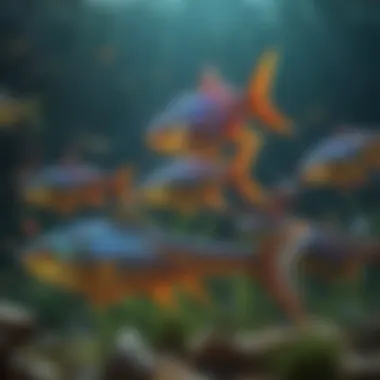 Colorful Rainbowfish shoal in a natural aquascape