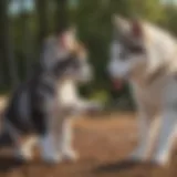 A husky puppy and a cat engaging in friendly play