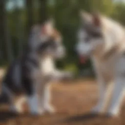 A husky puppy and a cat engaging in friendly play