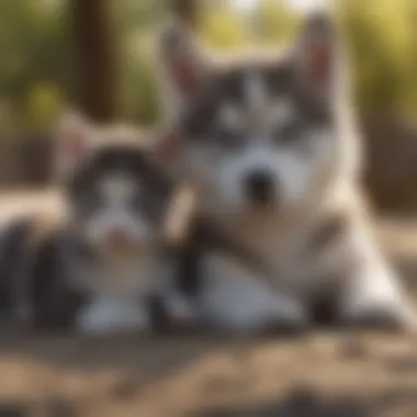 A husky puppy and cat peacefully resting together