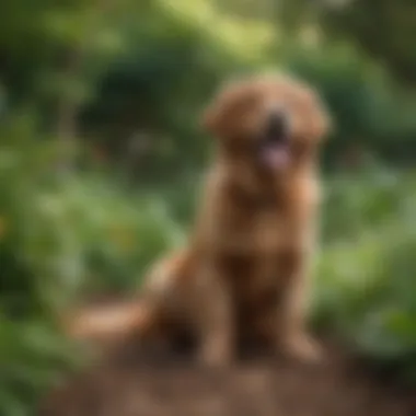 Red golden retriever playing in a lush garden