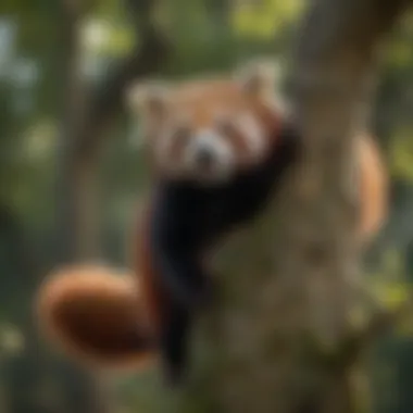 Red panda climbing a tree with agility