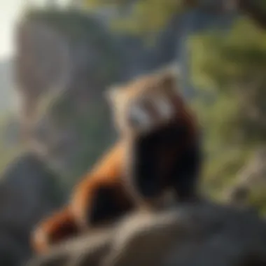 Majestic Red Panda Perched on a Rocky Outcrop Red panda standing on a rock